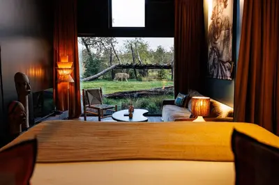 Un ou plusieurs lits dans un hébergement de l'établissement Safari Suite Lions Zoo de la Flèche