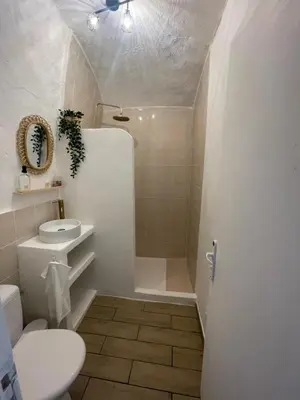 Salle de bains dans l'établissement Logement troglodyte tout confort 42 min tgv Paris