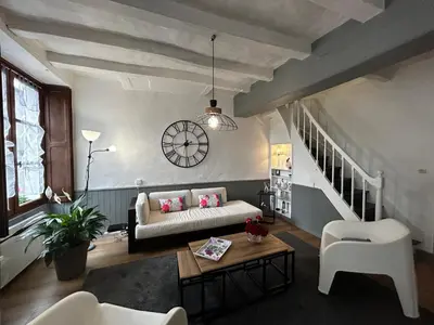 Coin salon dans l'établissement Maison de charme à Barrou, proche La Roche-Posay, cour, lave-linge, lave-vaisselle, WIFI, animaux OK - FR-1-541-110