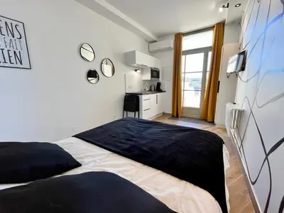 Un ou plusieurs lits dans un hébergement de l'établissement Studio climatisé face Loire et château le 4-5