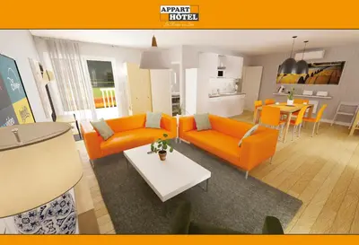 Coin salon dans l'établissement APPART'HÔTEL Les Prés Blondeau, 1 à 10 personnes, 3 chambres, Terrasse, Parking privé, Wifi, Arrivée autonome 24-7