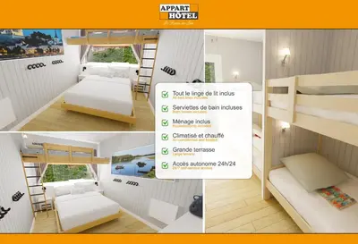 Un ou plusieurs lits dans un hébergement de l'établissement APPART'HÔTEL Les Prés Blondeau, 1 à 10 personnes, 3 chambres, Terrasse, Parking privé, Wifi, Arrivée autonome 24-7