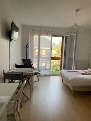 Télévision ou salle de divertissement dans l'établissement Joli studio avec balcon