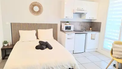 Cuisine ou kitchenette dans l'établissement Studio Cosy et Élégant avec place privée