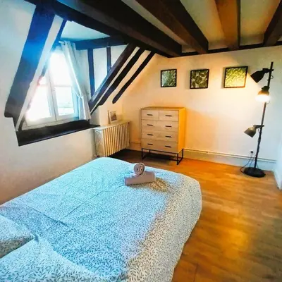 Un ou plusieurs lits dans un hébergement de l'établissement LE PLUM'LOFT, Duplex au cœur du Vieux Tours - Wifi - Tv