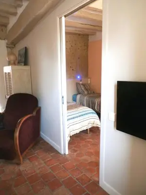 Télévision ou salle de divertissement dans l'établissement LA PETITE LUCETTE, maison avec sa cour et son troglo