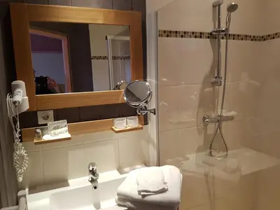 Salle de bains dans l'établissement Logis Hôtel Relais Des Caillères