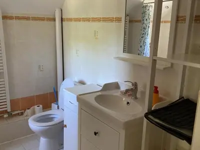 Salle de bains dans l'établissement Le Pressoir de Galisson: Gîte Authentique en Touraine avec Jardin et Wifi - FR-1-381-169
