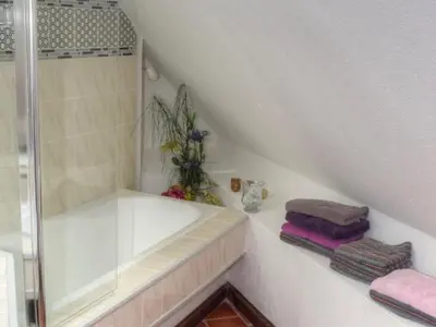 Salle de bains dans l'établissement Gîte douillet en forêt d'Amboise, parc boisé 2.5 ha, cheminée, vélos, WiFi, jardin privé, animaux acceptés - FR-1-381-457
