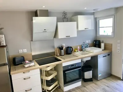 Cuisine ou kitchenette dans l'établissement Gîte Bambou