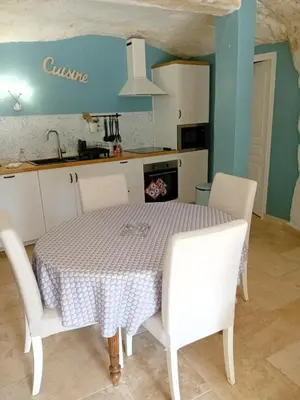Cuisine ou kitchenette dans l'établissement Le Troglo des Renaudières
