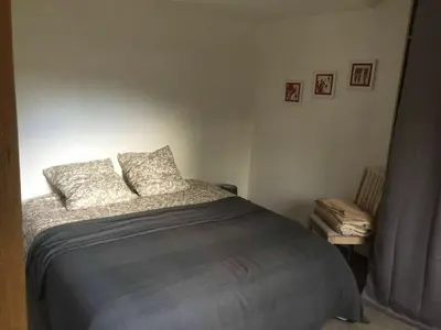 Un ou plusieurs lits dans un hébergement de l'établissement Maison accueillante à Bléré avec cheminée et terrasse