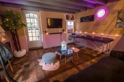 Télévision ou salle de divertissement dans l'établissement Maison de charme à Arçay avec jacuzzi