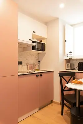 Cuisine ou kitchenette dans l'établissement La Lirosane, 3 studios, 3,7km du Zoo, Centre-ville