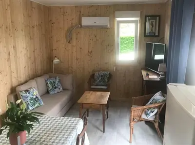 Coin salon dans l'établissement Gîte chalet-piscine 