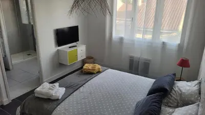 Un ou plusieurs lits dans un hébergement de l'établissement Chambre Le mans avec salle de bain privée