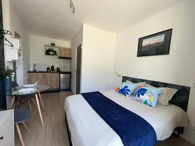 Cuisine ou kitchenette dans l'établissement Studios modernes et chaleureux proche gare avec accès jardin
