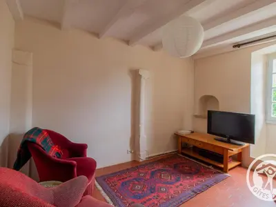 Télévision ou salle de divertissement dans l'établissement Maison 15ème siècle à Huillé, 2 ch, jardin, cheminée, proche Loir et pistes cyclables - FR-1-622-45
