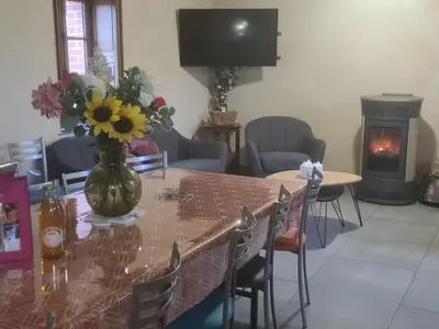 Télévision ou salle de divertissement dans l'établissement Longère sarthoise rénovée, à 20 min du Mans, 4 chambres, poêle à granulés, parking privé - FR-1-410-376