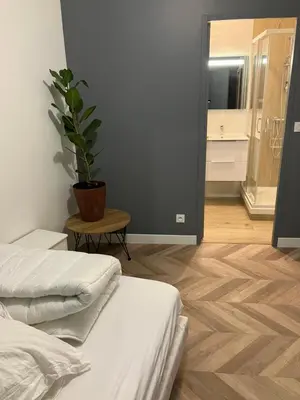 Un ou plusieurs lits dans un hébergement de l'établissement Grand Studio proche st pierre/château