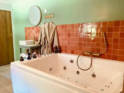 Salle de bains dans l'établissement Jacuzzi et Vue sur Loire - Maison d'hôtes L'Odyssée